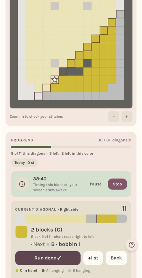 The Crochet Bobble tracker on a phone, partway through a corner-to-corner blanket: the worked diagonals filled in color, a star on the current block, and the card for diagonal 11 saying two more blocks of color C, then color B from bobbin 1