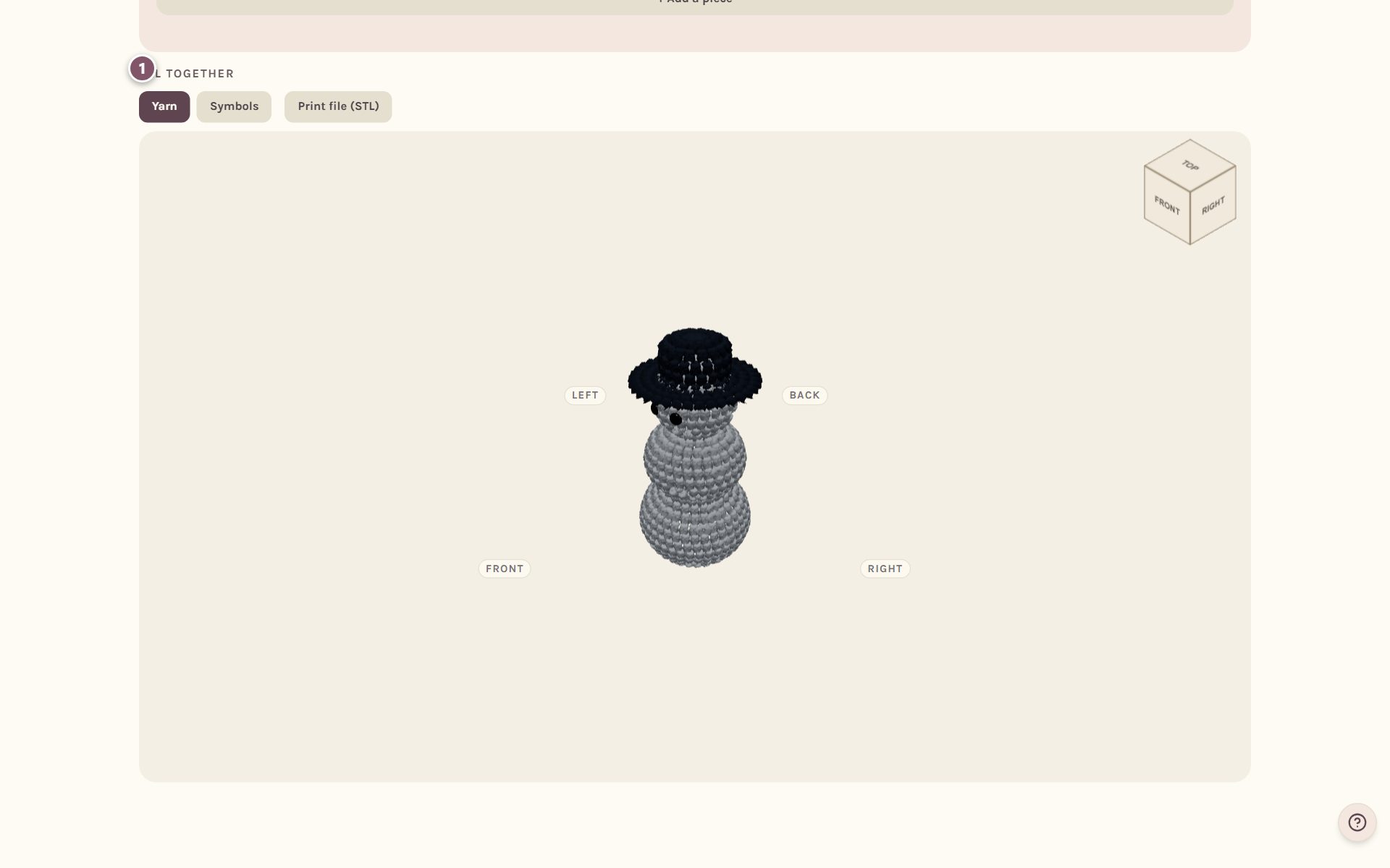 All together: the snowman in 3D with his hat and eyes, marked 1 (on a computer)