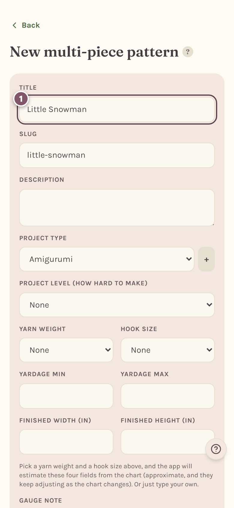 The New multi-piece pattern form, with the title marked 1 (on a phone)