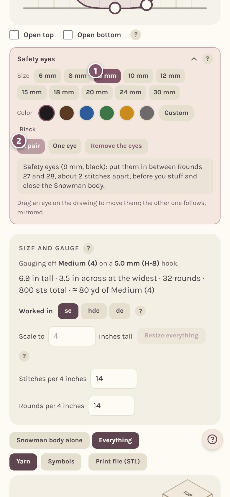 The Safety eyes card: 1 the 9 mm size, 2 A pair (on a phone)