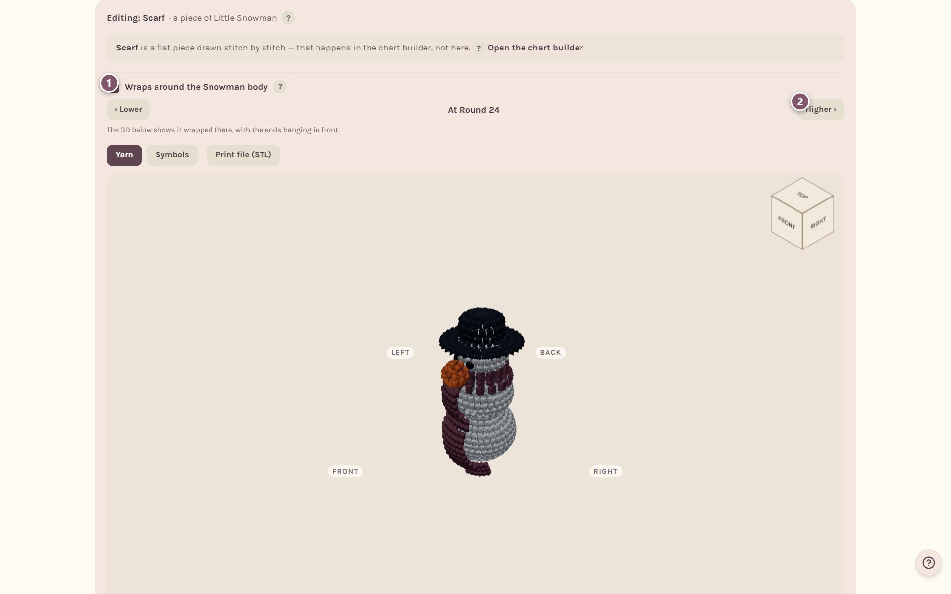 The scarf's card: 1 Wraps around the Snowman body, 2 Higher, with the snowman in 3D wearing it (on a computer)