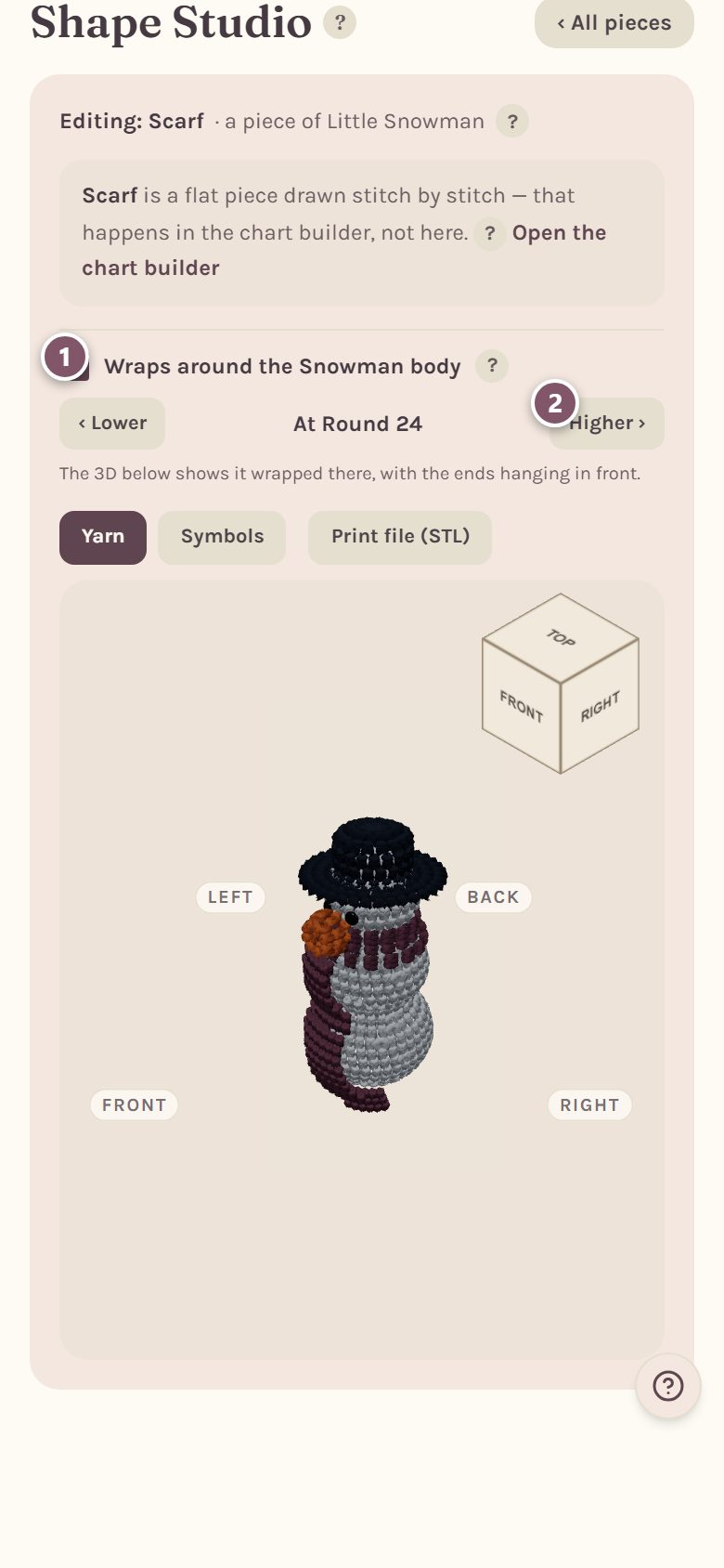 The scarf's card: 1 Wraps around the Snowman body, 2 Higher, with the snowman in 3D wearing it (on a phone)
