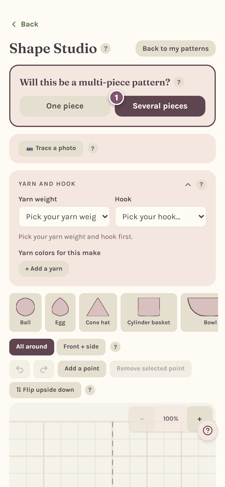 The Shape Studio asking Will this be a multi-piece pattern, with Several pieces marked 1 (on a phone)
