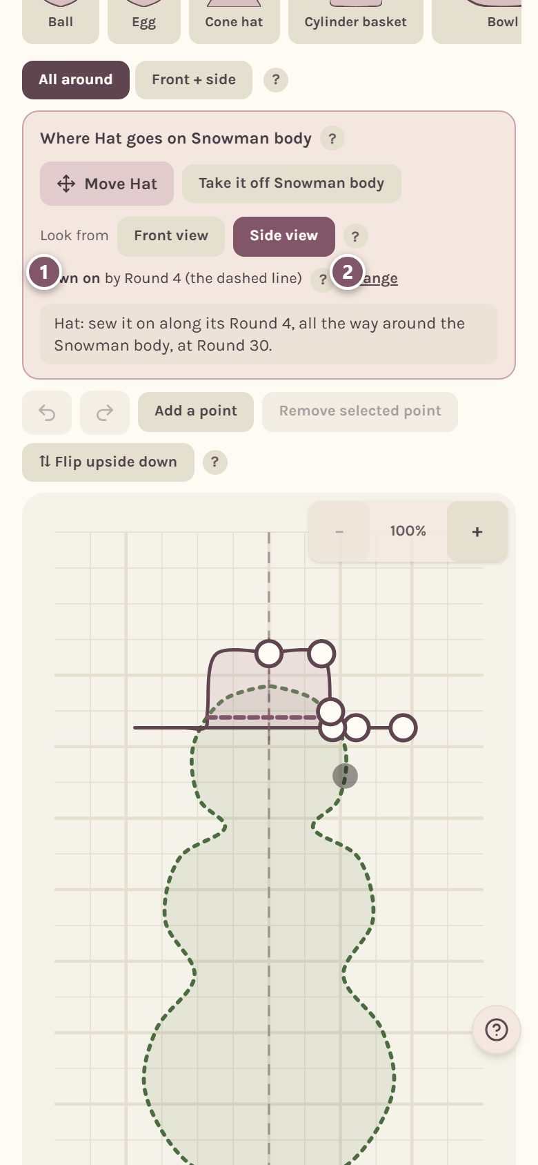 The hat's card: 1 Sewn on by Round 4 (the dashed line), 2 Change (on a phone)