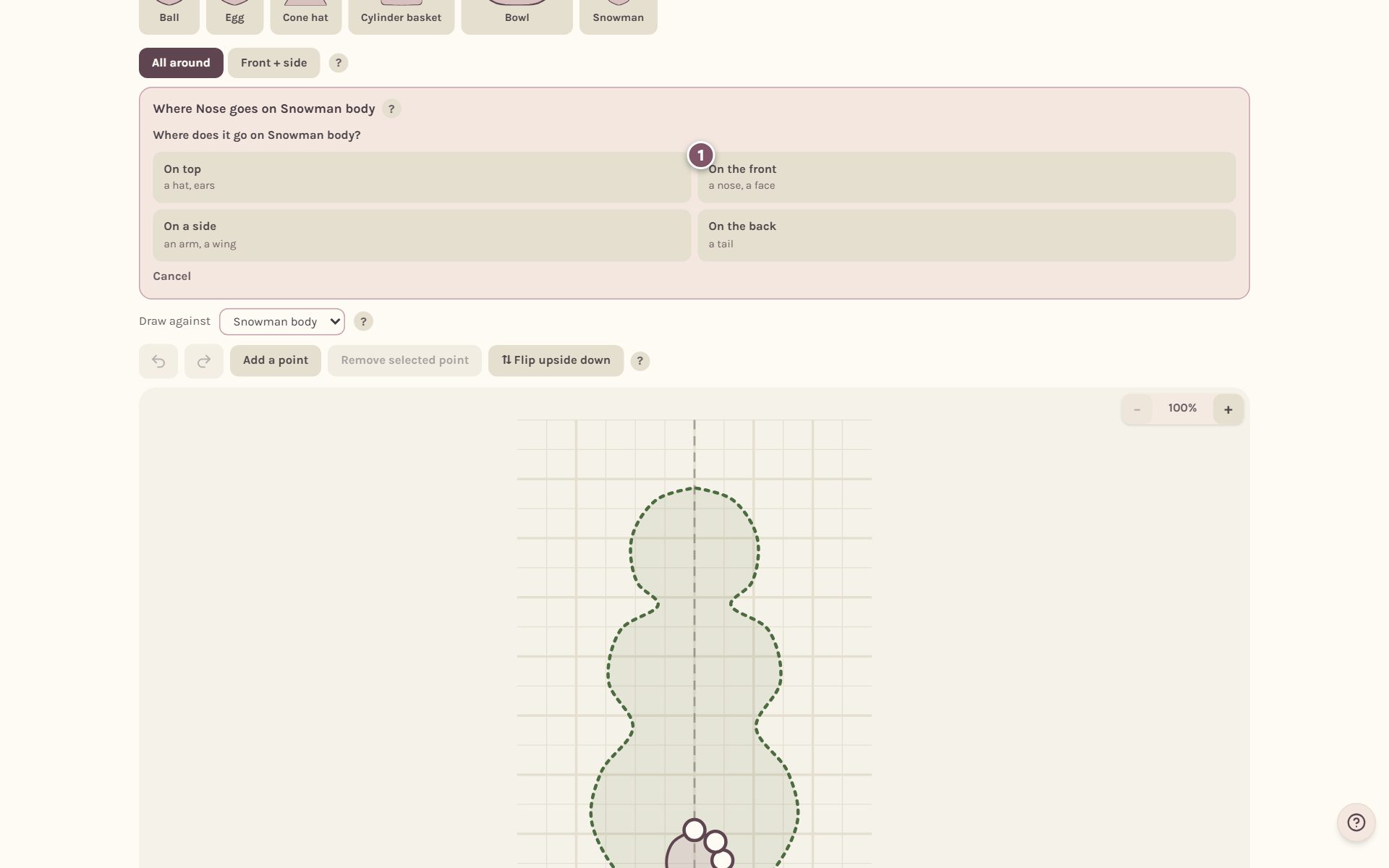 The choices for where the piece goes, with On the front marked 1 (on a computer)