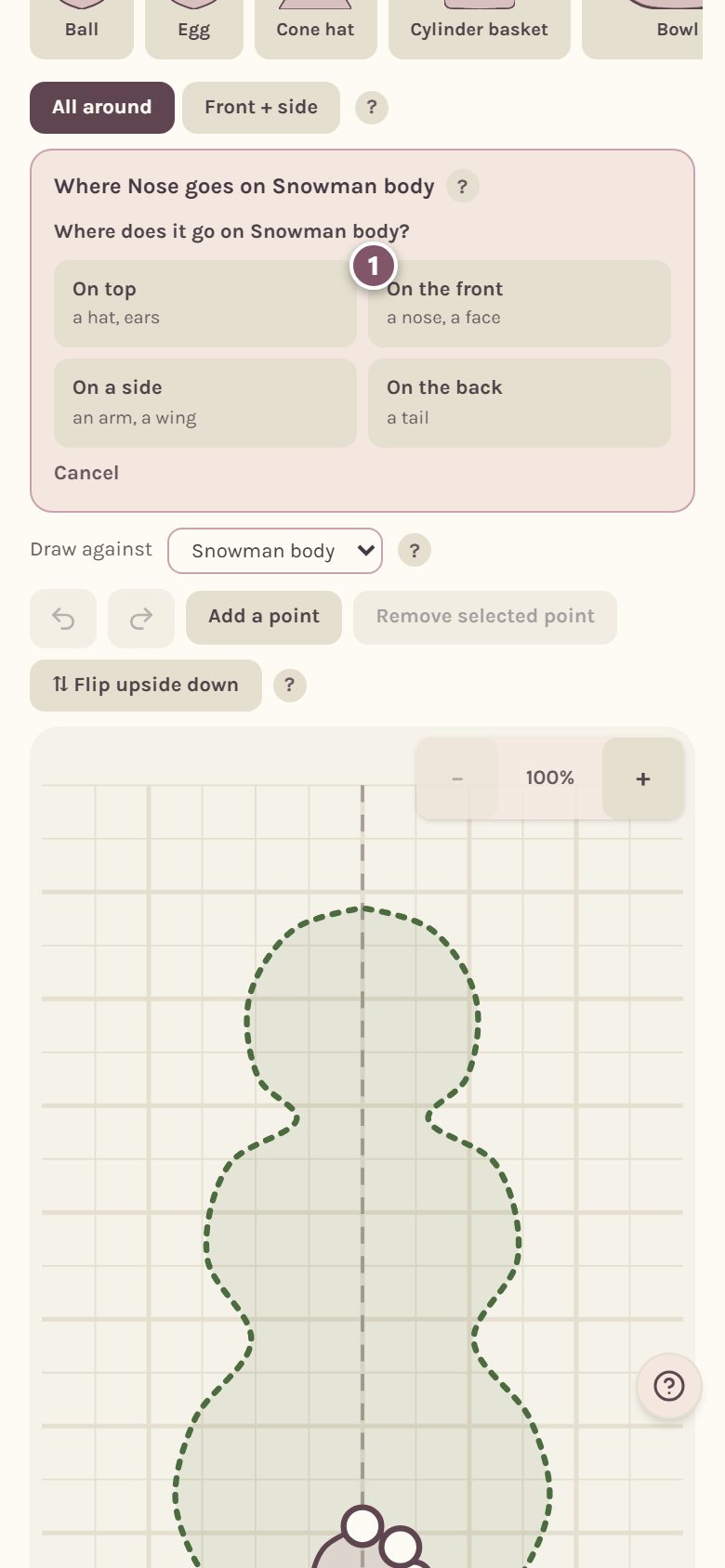 The choices for where the piece goes, with On the front marked 1 (on a phone)
