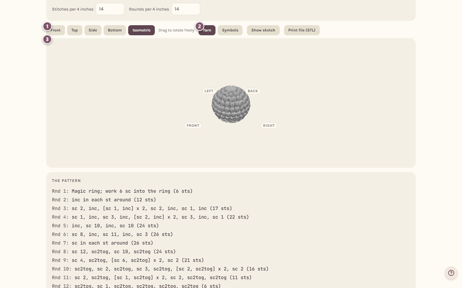 The 3D view: 1 the Front view button, 2 Yarn, 3 the 3D shape (on a computer)