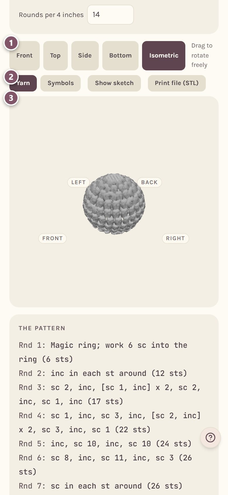 The 3D view: 1 the Front view button, 2 Yarn, 3 the 3D shape (on a phone)