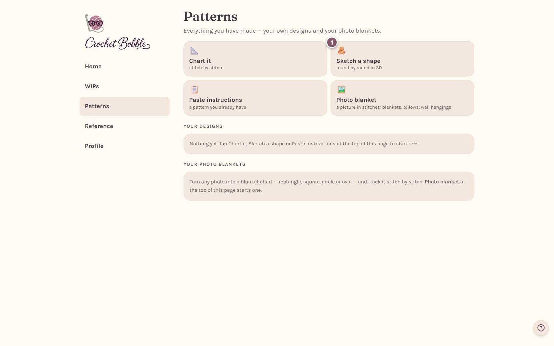 The Patterns tab with the Sketch a shape box marked 1 (on a computer)