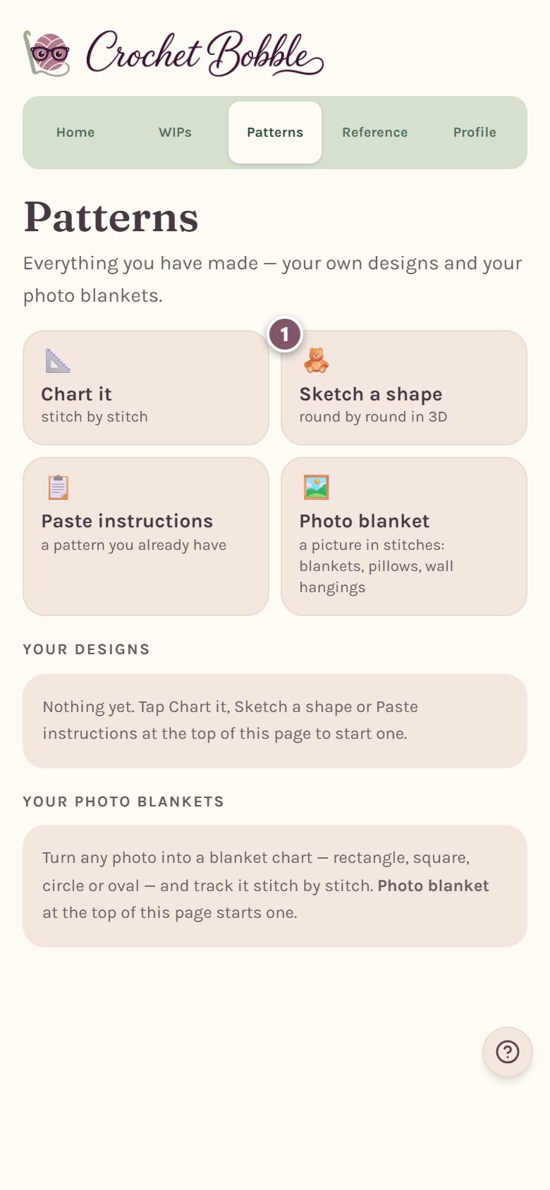 The Patterns tab with the Sketch a shape box marked 1 (on a phone)