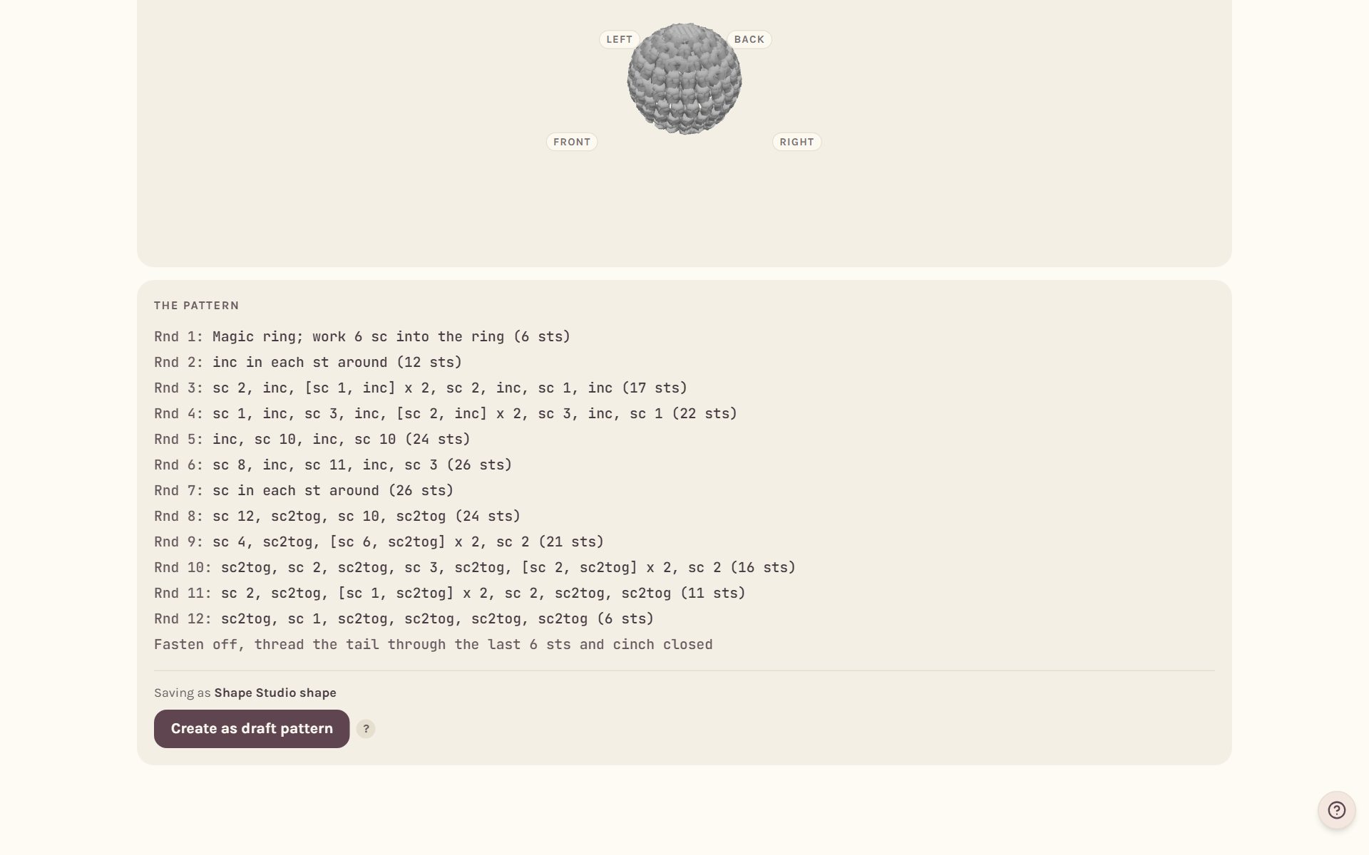 The pattern section with every round written out, from the magic ring to the last decrease round (on a computer)