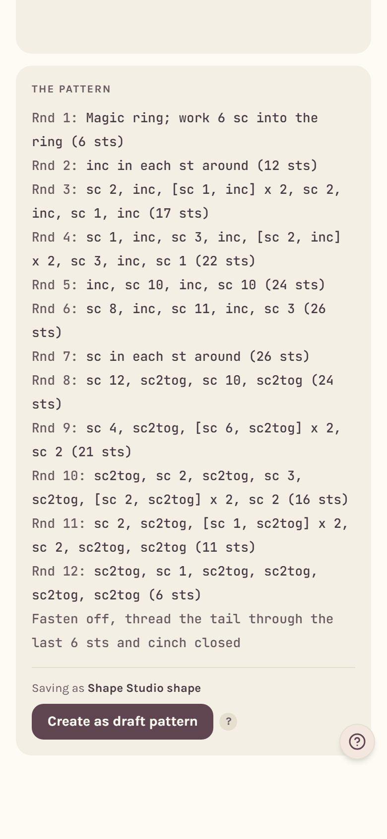 The pattern section with every round written out, from the magic ring to the last decrease round (on a phone)
