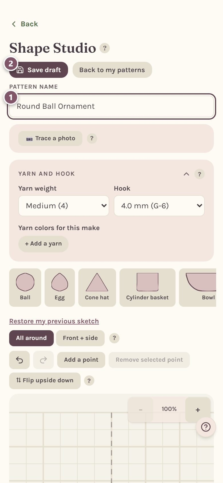 The top of the studio: 1 the pattern name, 2 Save draft (on a phone)