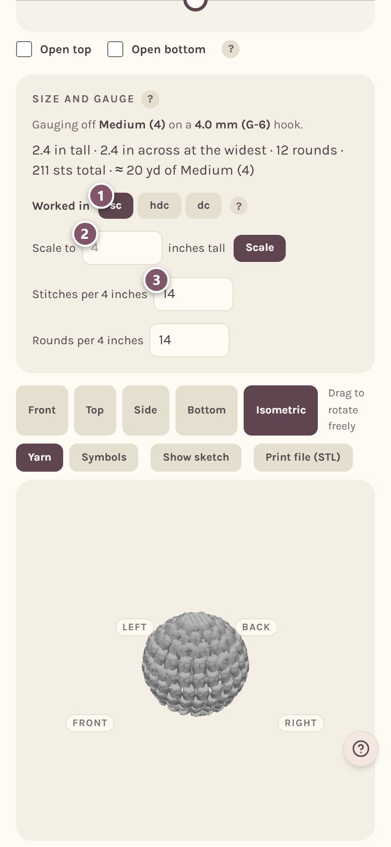 The Size and gauge card: 1 Worked in sc, 2 Scale to, 3 Stitches per 4 inches (on a phone)