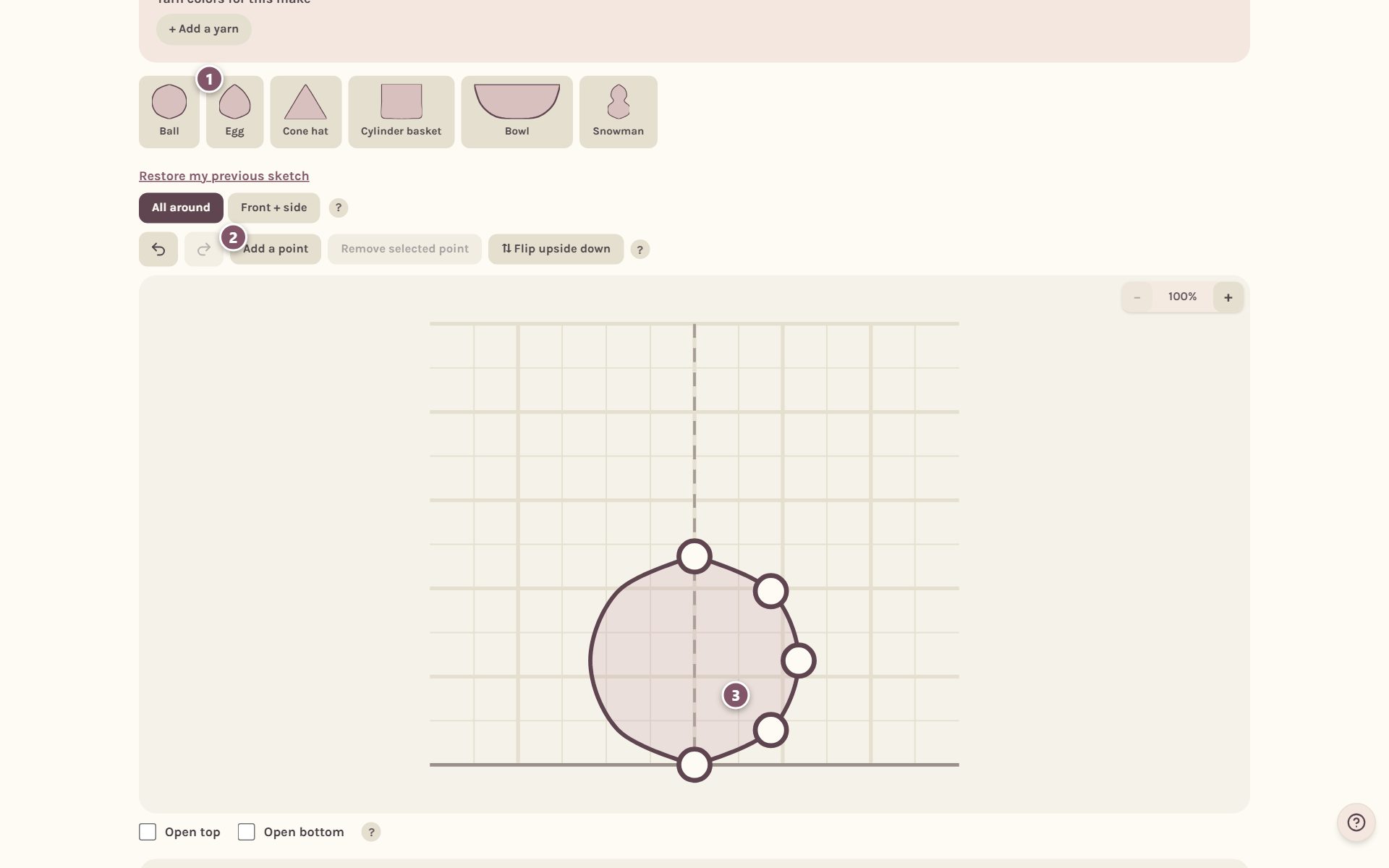 The shape templates and the drawing: 1 the Egg template, 2 Add a point, 3 a dot on the outline (on a computer)