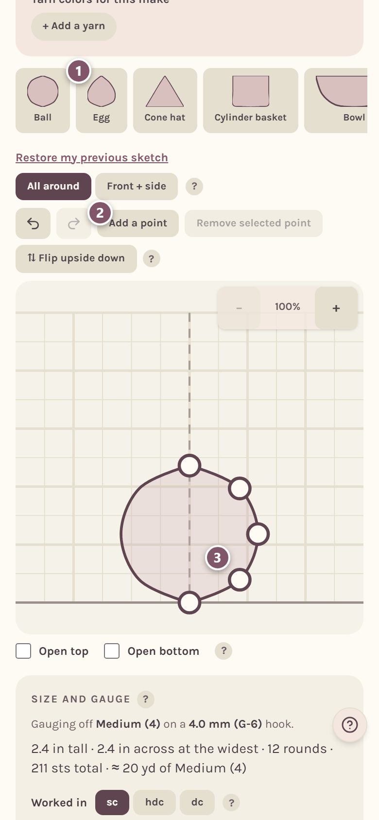 The shape templates and the drawing: 1 the Egg template, 2 Add a point, 3 a dot on the outline (on a phone)
