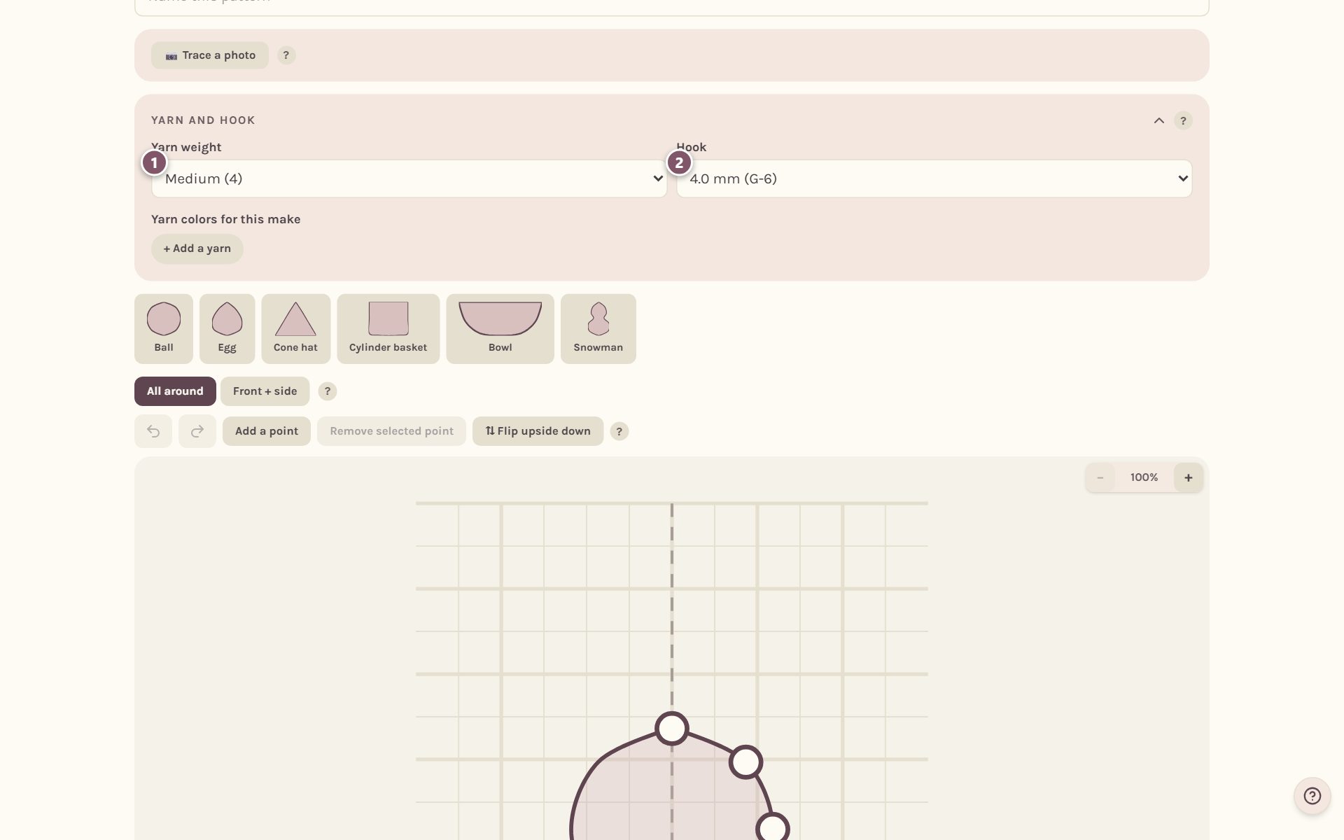 The Yarn and hook card: 1 the yarn weight, 2 the hook (on a computer)