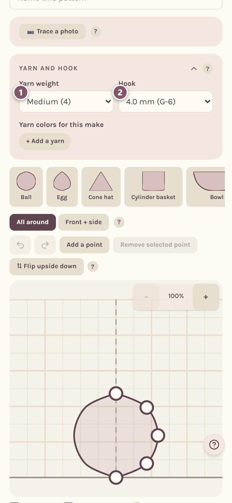 The Yarn and hook card: 1 the yarn weight, 2 the hook (on a phone)