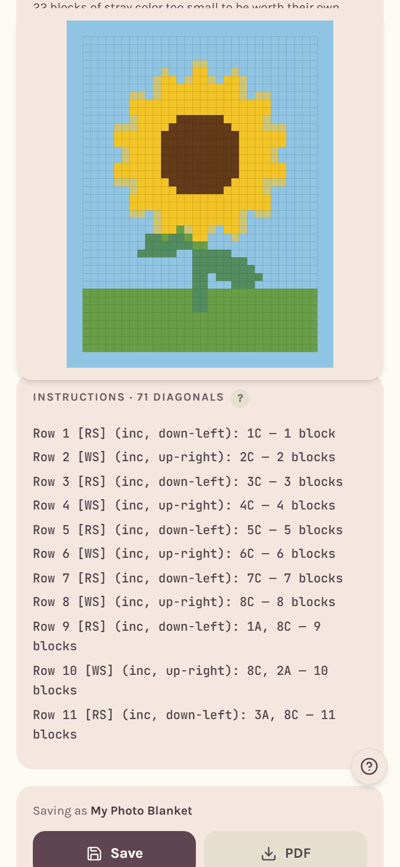 The C2C Instructions, one line per diagonal (on a phone)