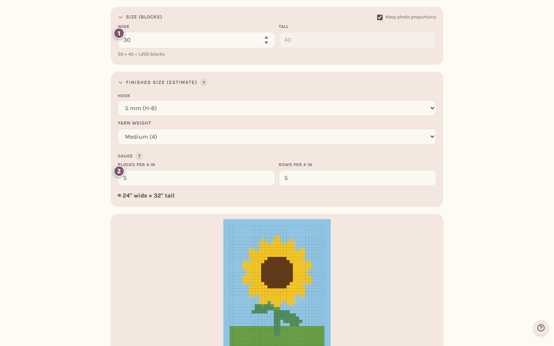 The Size (blocks) card: 1 is the Wide box, 2 is blocks per 4 in (on a computer)
