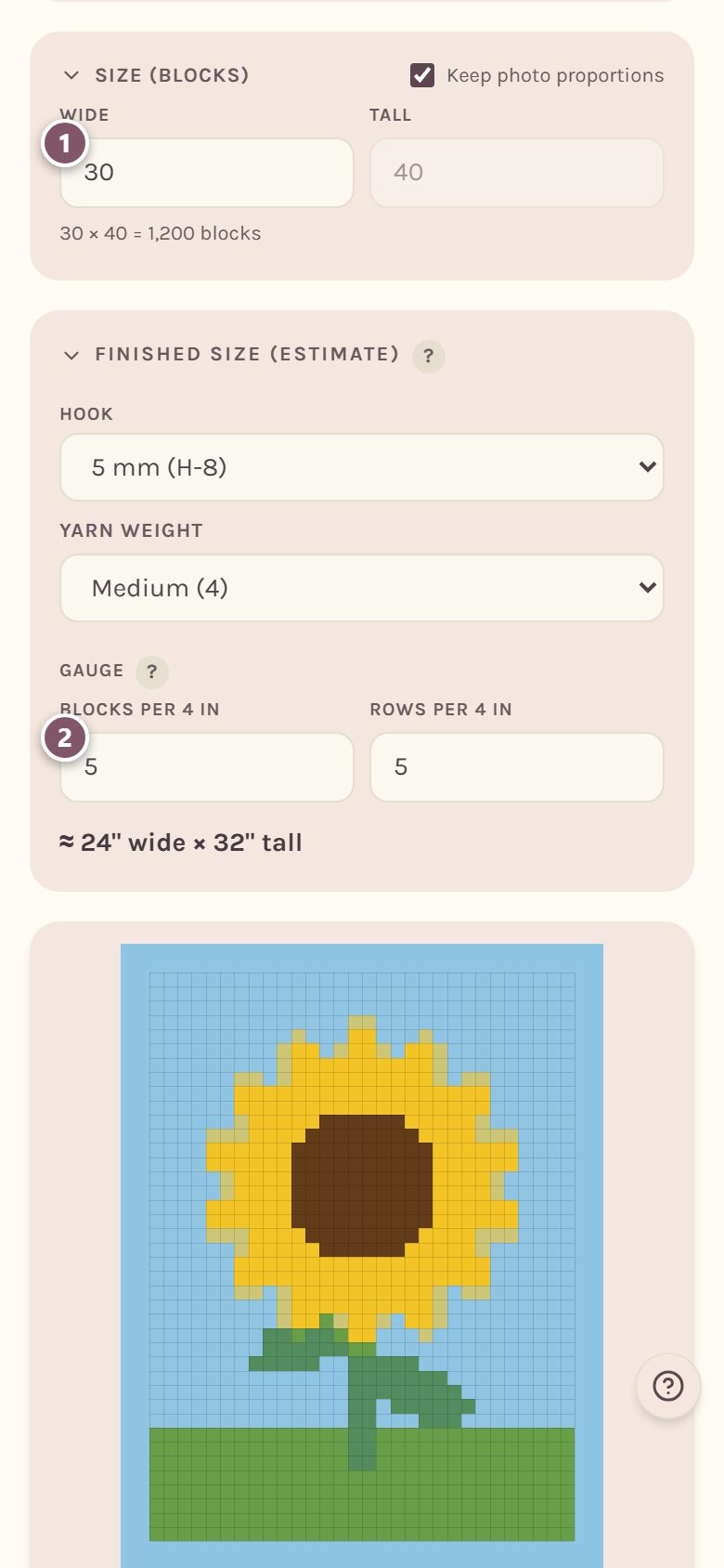 The Size (blocks) card: 1 is the Wide box, 2 is blocks per 4 in (on a phone)