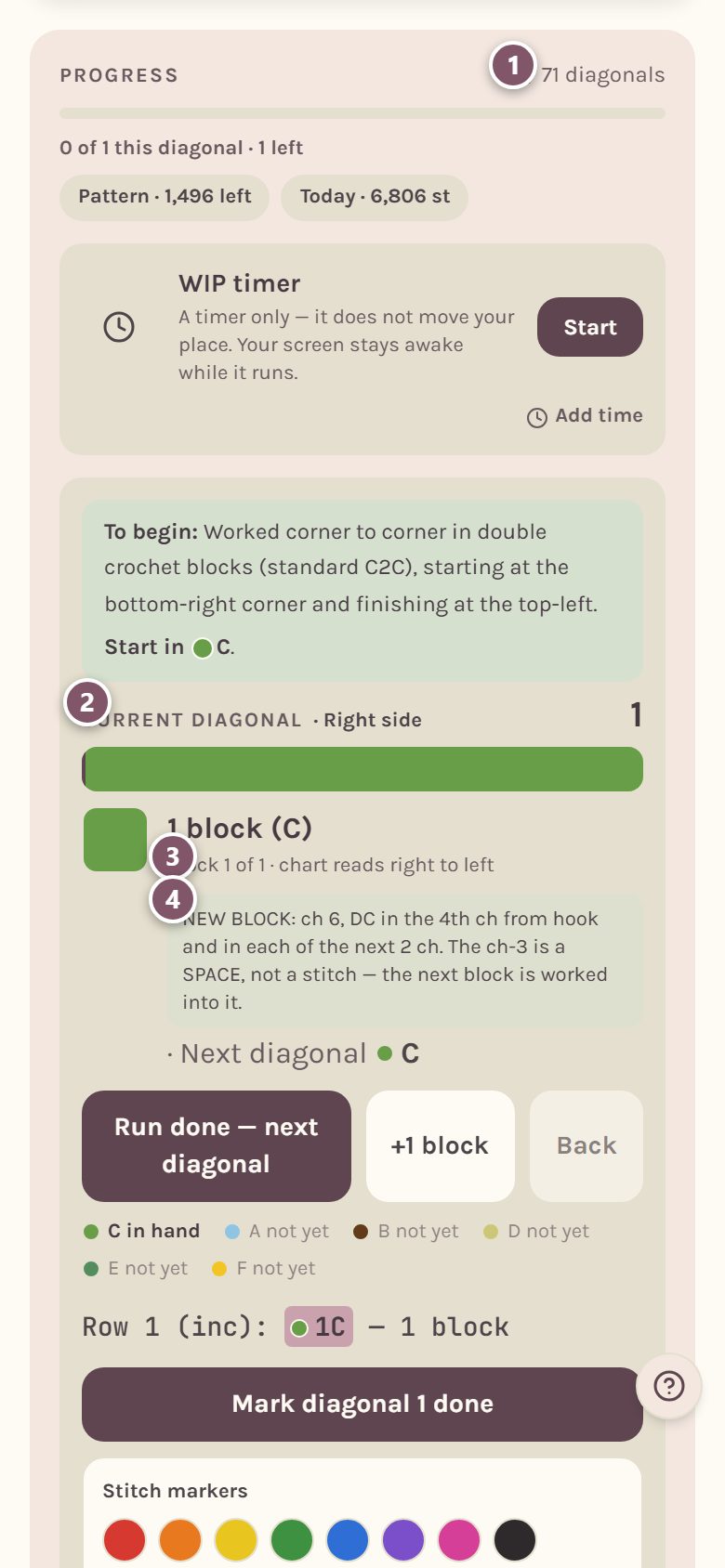 The C2C tracker: 1 is Progress in diagonals, 2 is Current diagonal and its side, 3 is the block count, 4 is the how-to note (on a phone)