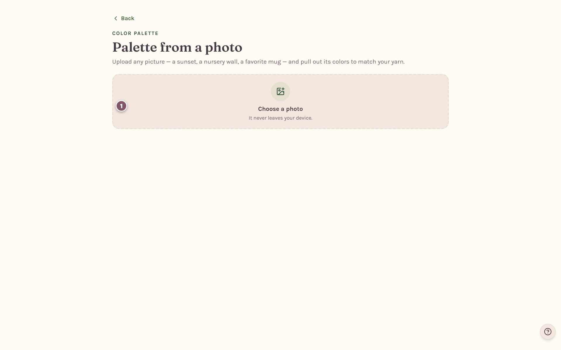 Palette from a photo, with Choose a photo marked 1 (on a computer)