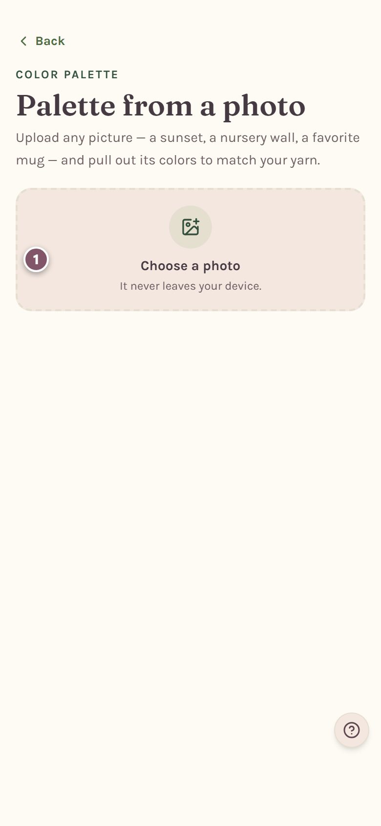 Palette from a photo, with Choose a photo marked 1 (on a phone)