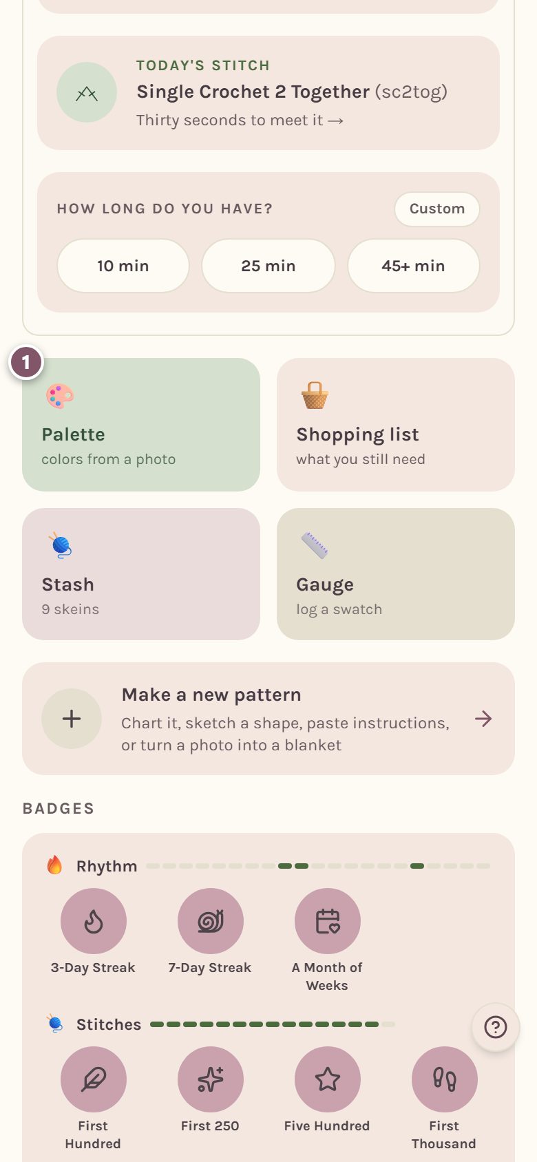 The four tool tiles on Home, with the Palette tile marked 1 (on a phone)