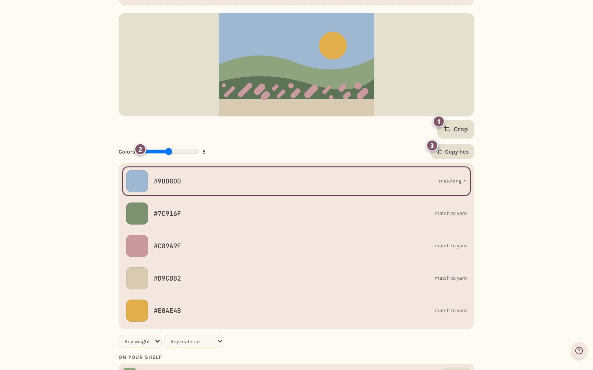 A meadow photo and its five colors: 1 is Crop, 2 is the Colors slider, 3 is Copy hex (on a computer)
