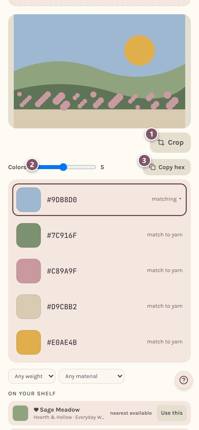 A meadow photo and its five colors: 1 is Crop, 2 is the Colors slider, 3 is Copy hex (on a phone)