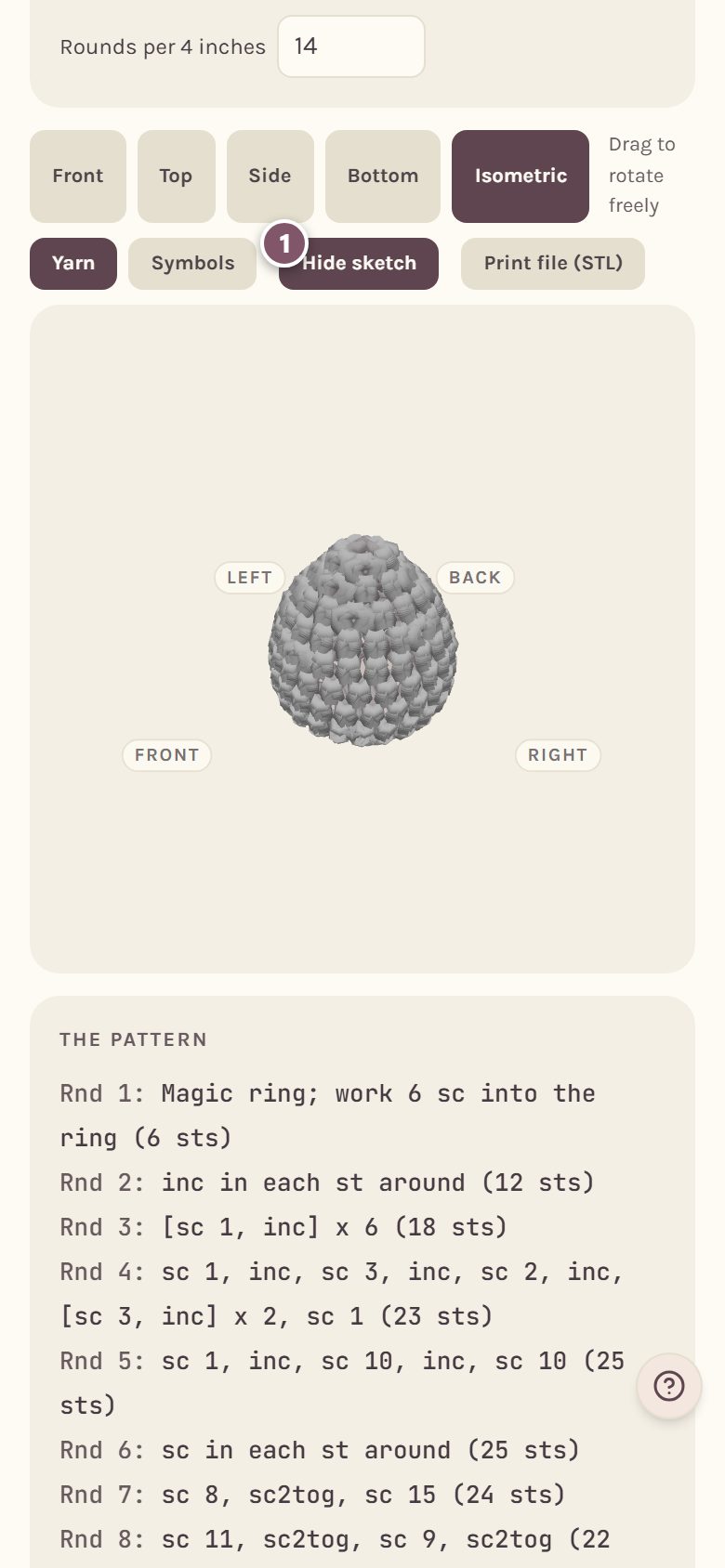 The 3D shape with the sketch shown over it, and Hide sketch marked 1 (on a phone)