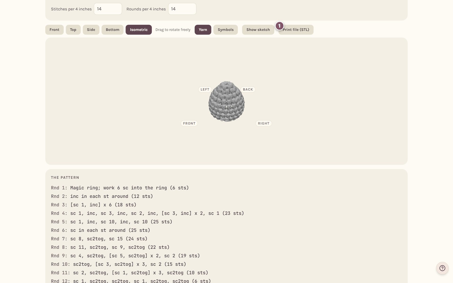 The 3D view with Print file (STL) marked 1 (on a computer)