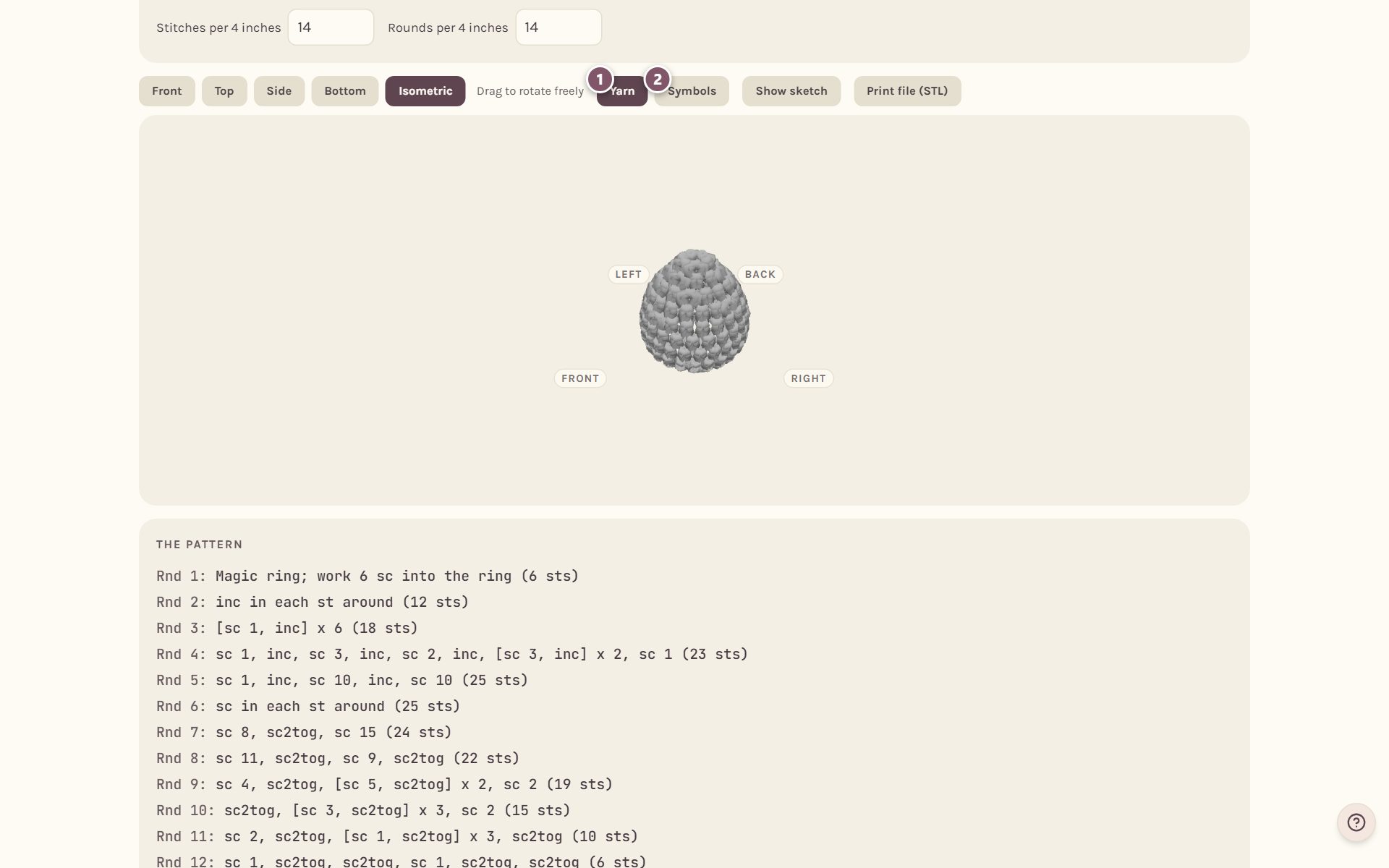 The shape shown in yarn: 1 Yarn, 2 Symbols (on a computer)