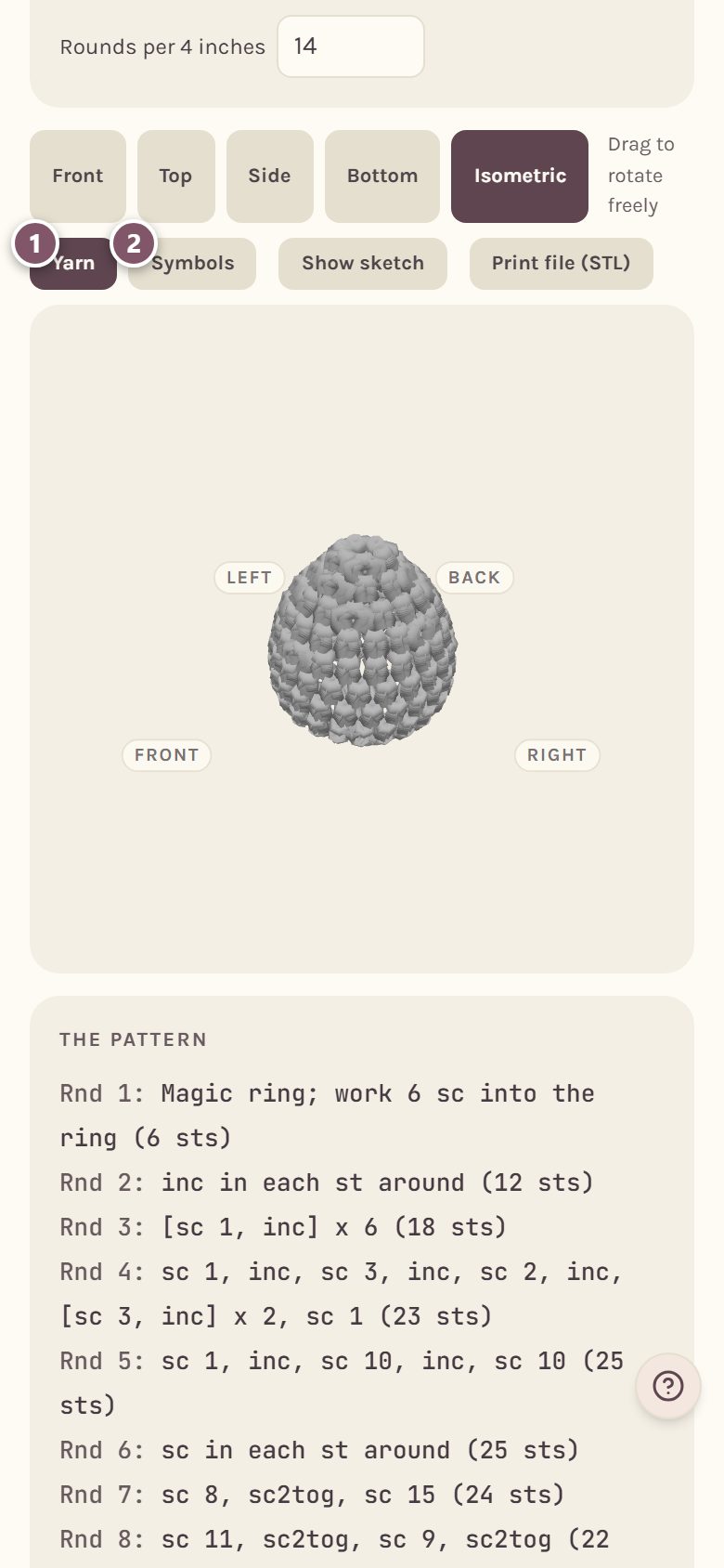 The shape shown in yarn: 1 Yarn, 2 Symbols (on a phone)