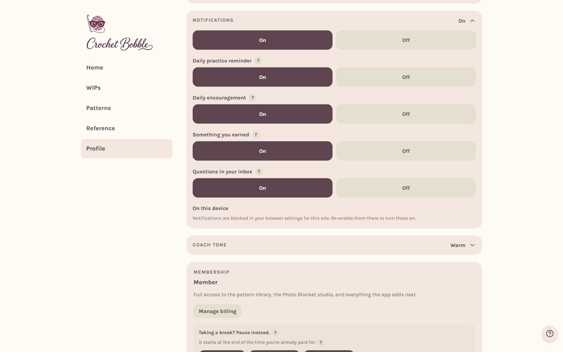 The Notifications settings, with a switch for each kind of reminder (on a computer)