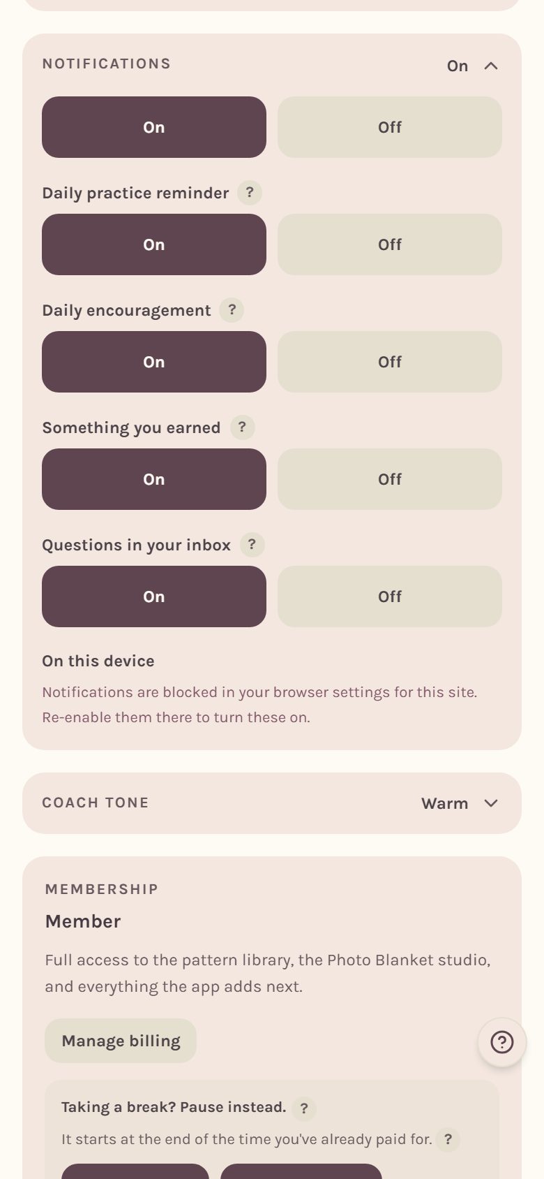 The Notifications settings, with a switch for each kind of reminder (on a phone)