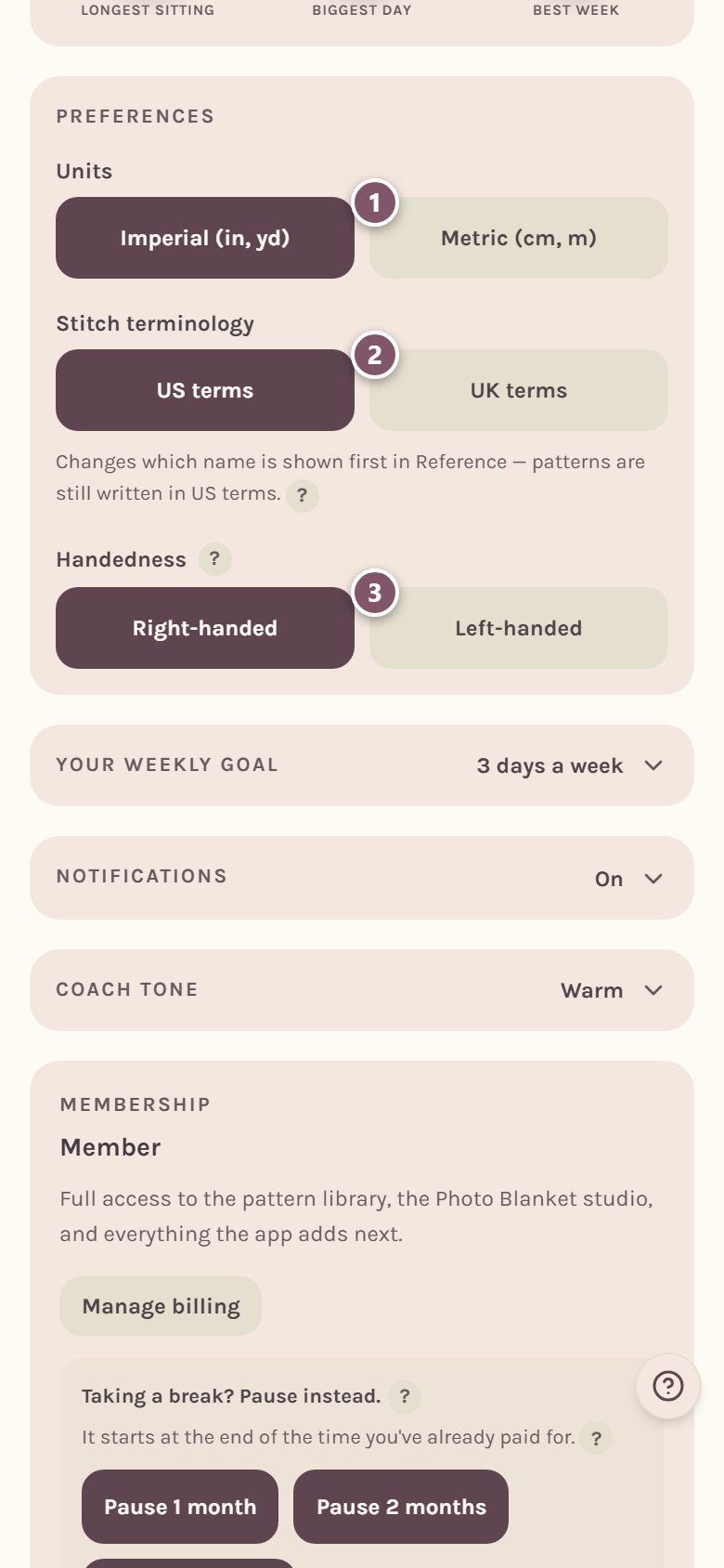 The Preferences card: 1 is Metric, 2 is UK terms, 3 is Left-handed (on a phone)
