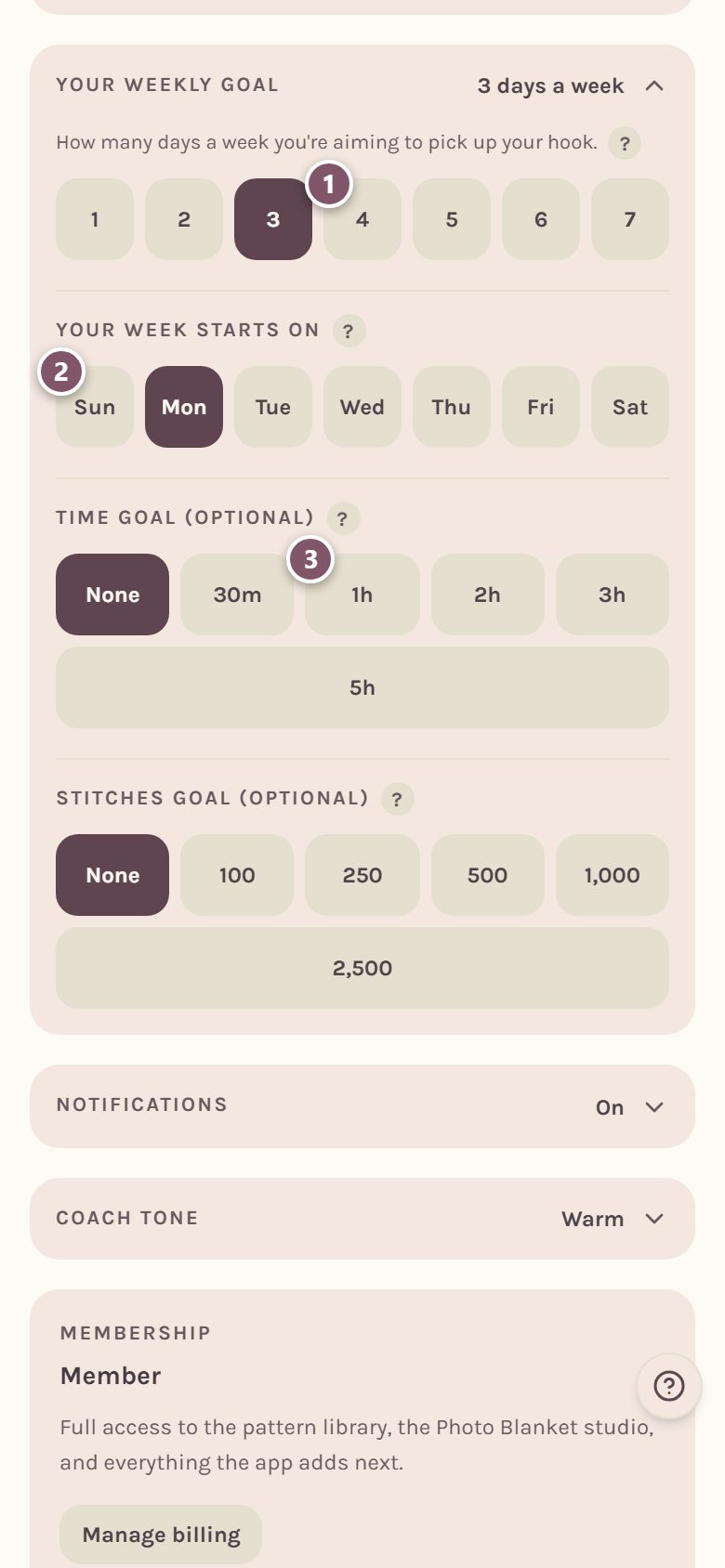 The weekly goal settings: 1 is the days a week, 2 is the day your week starts, 3 is a time goal (on a phone)