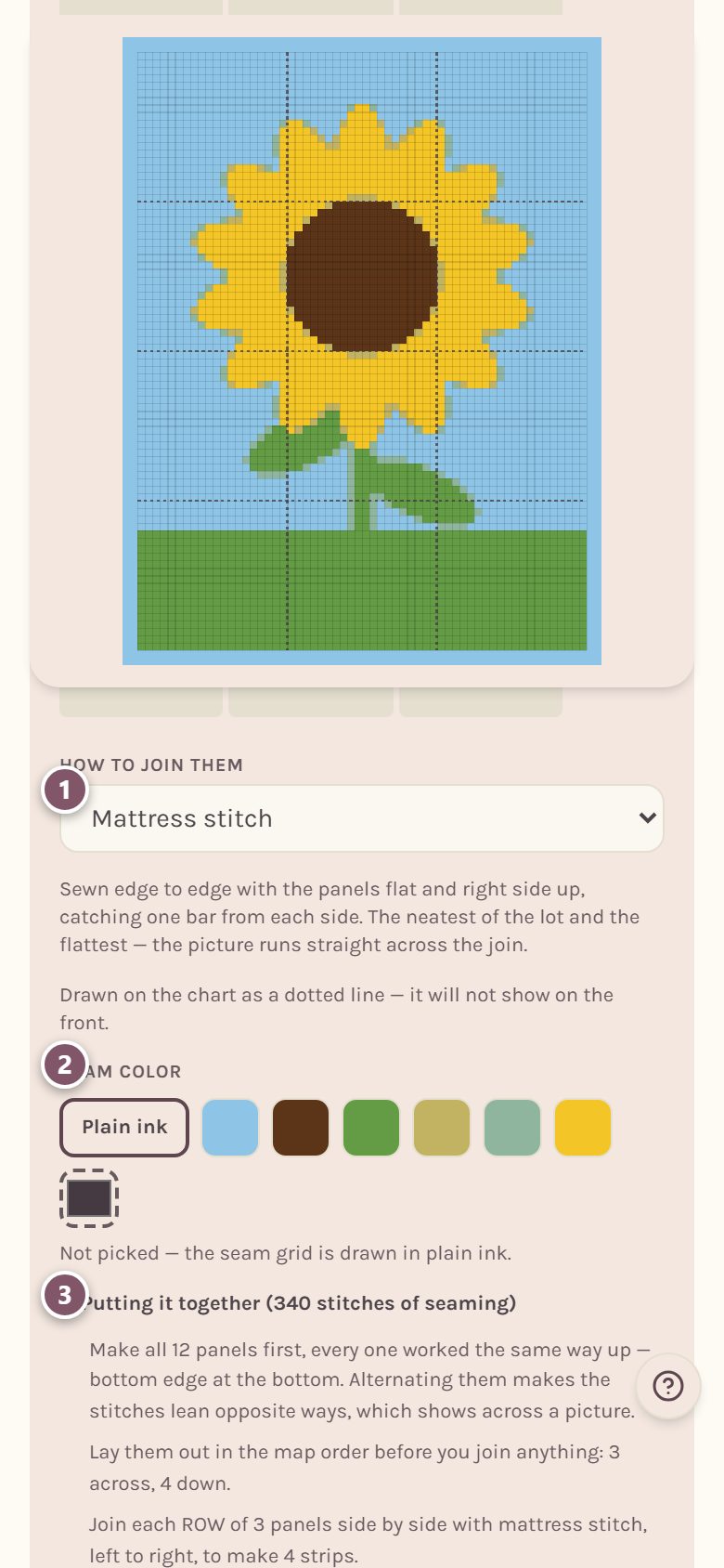 The joining settings: 1 is How to join them, 2 is Seam color, 3 is Putting it together (on a phone)