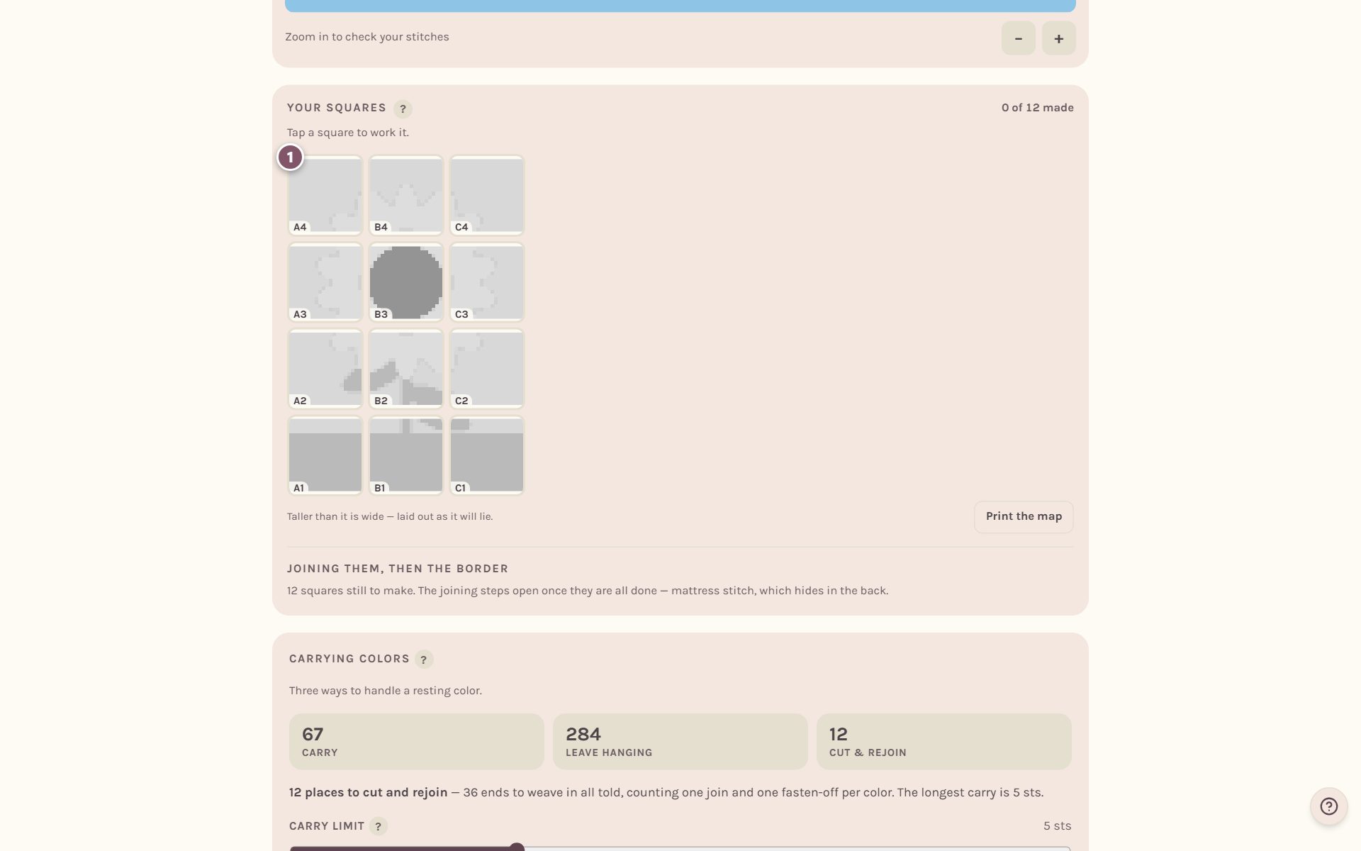 The Your squares map, with square A4 marked 1 (on a computer)