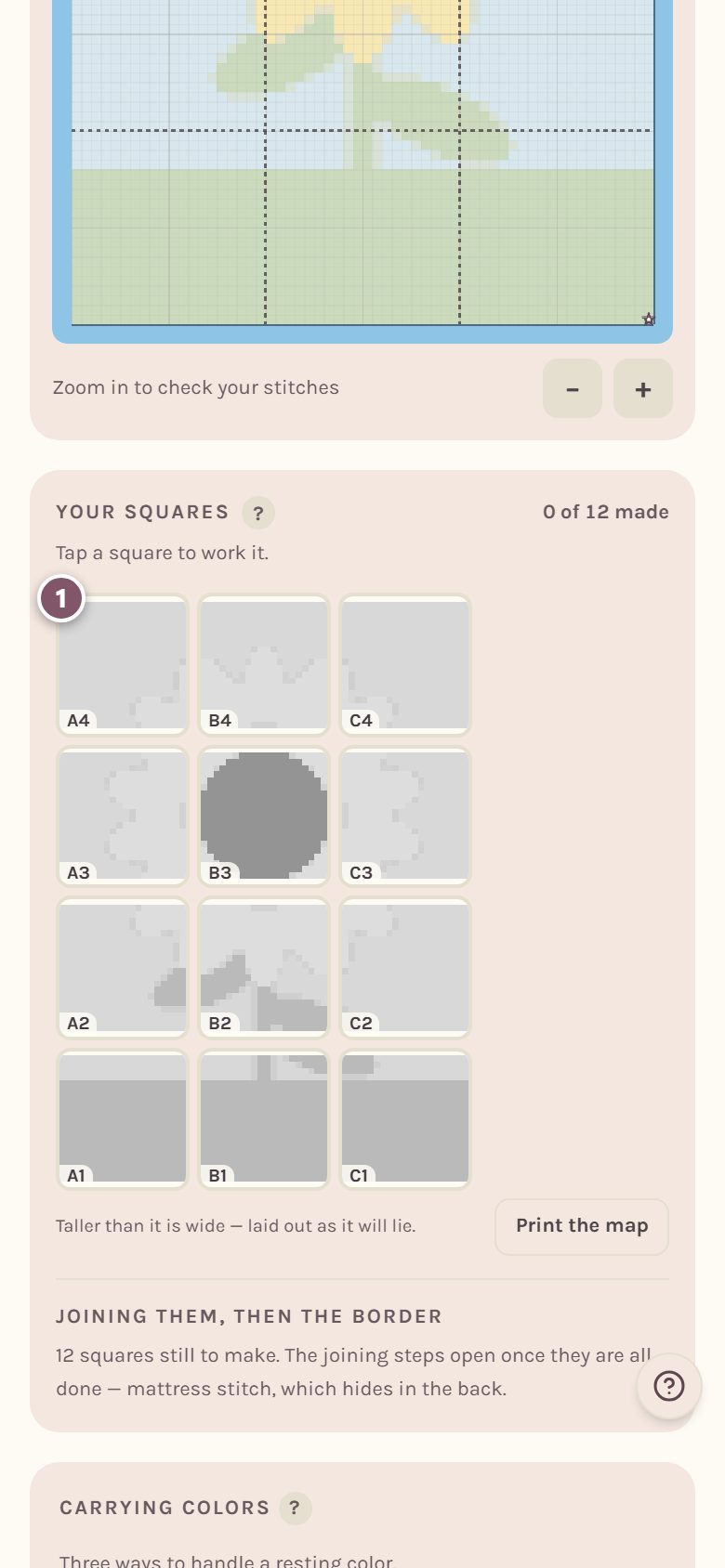The Your squares map, with square A4 marked 1 (on a phone)