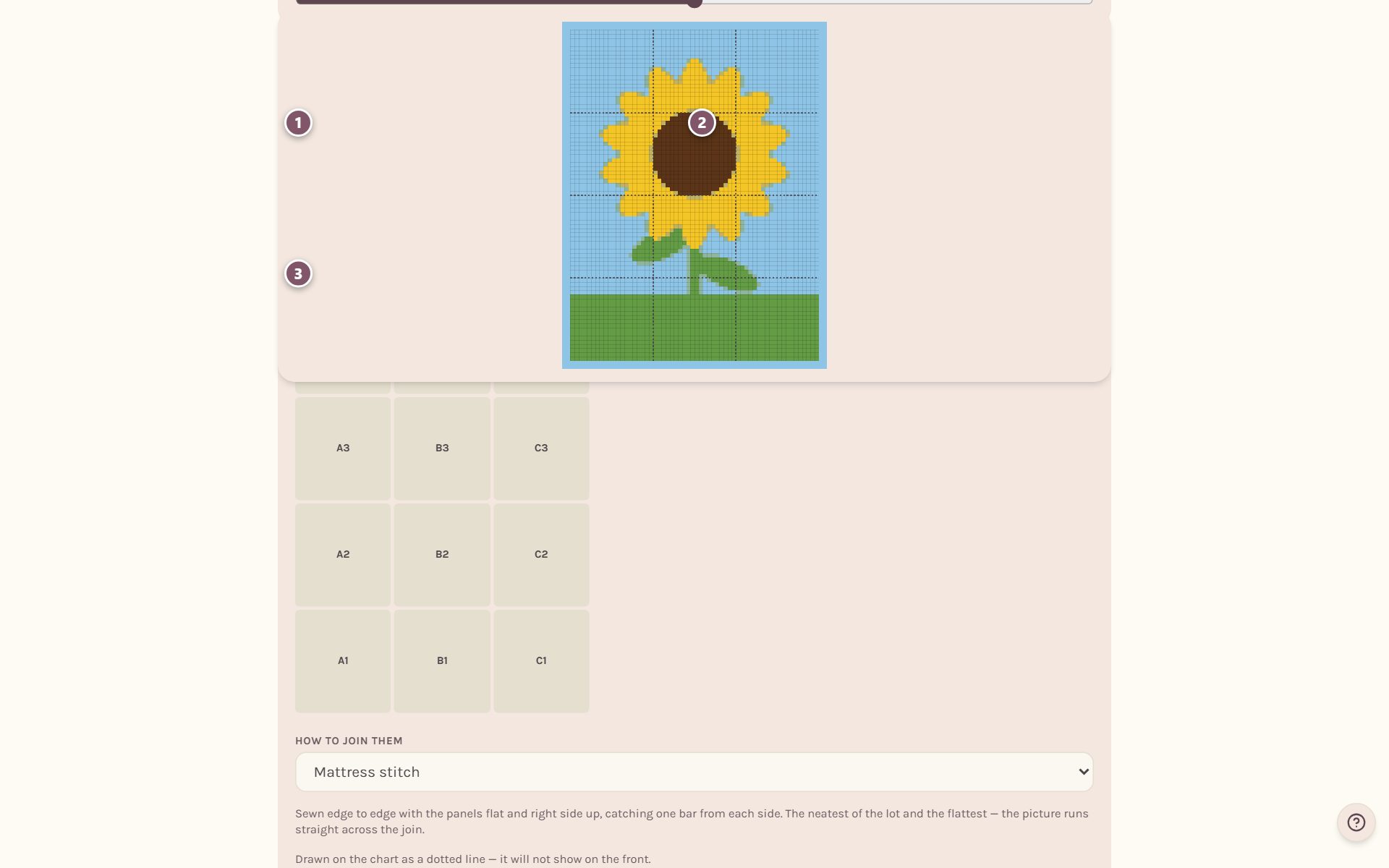 The panel settings: 1 is Panel width, 2 is Panel height, 3 is the map of the panels (on a computer)