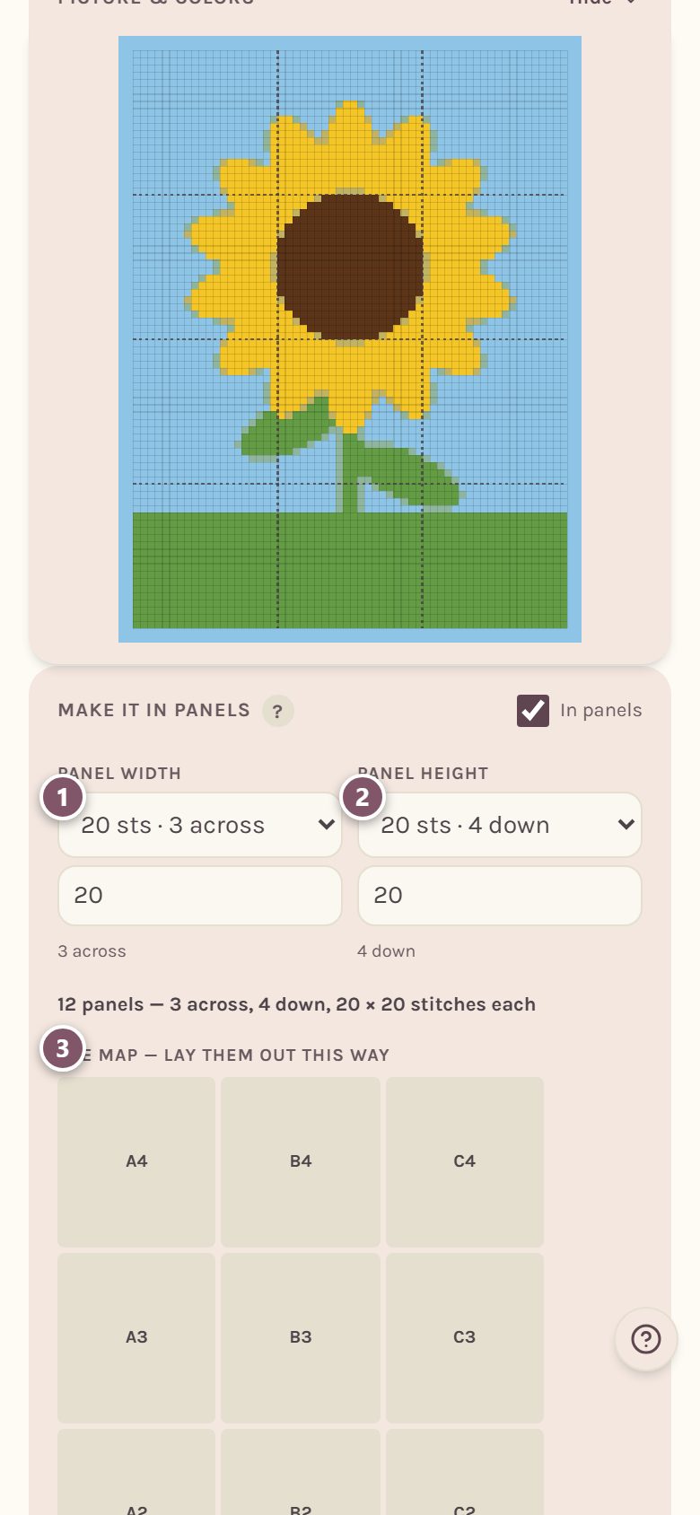 The panel settings: 1 is Panel width, 2 is Panel height, 3 is the map of the panels (on a phone)