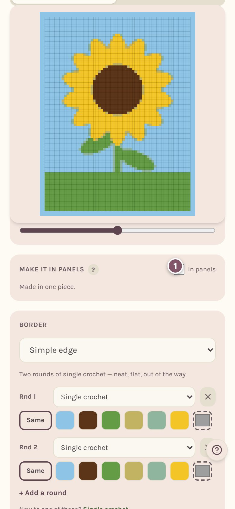 The Make it in panels card, with the In panels box marked 1 (on a phone)