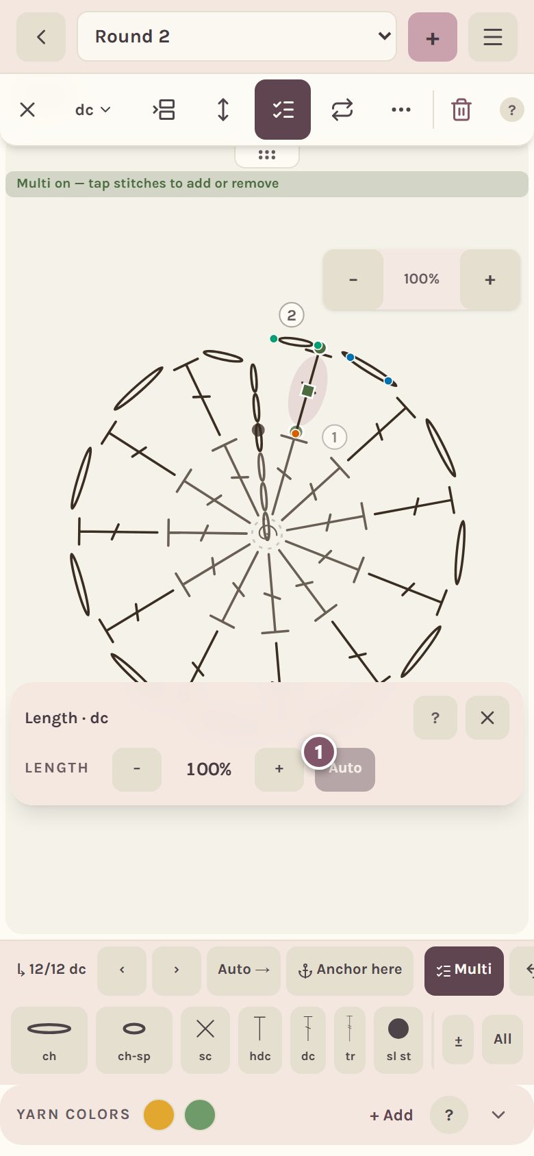 The Length panel over the chart, with Auto marked 1 (on a phone)