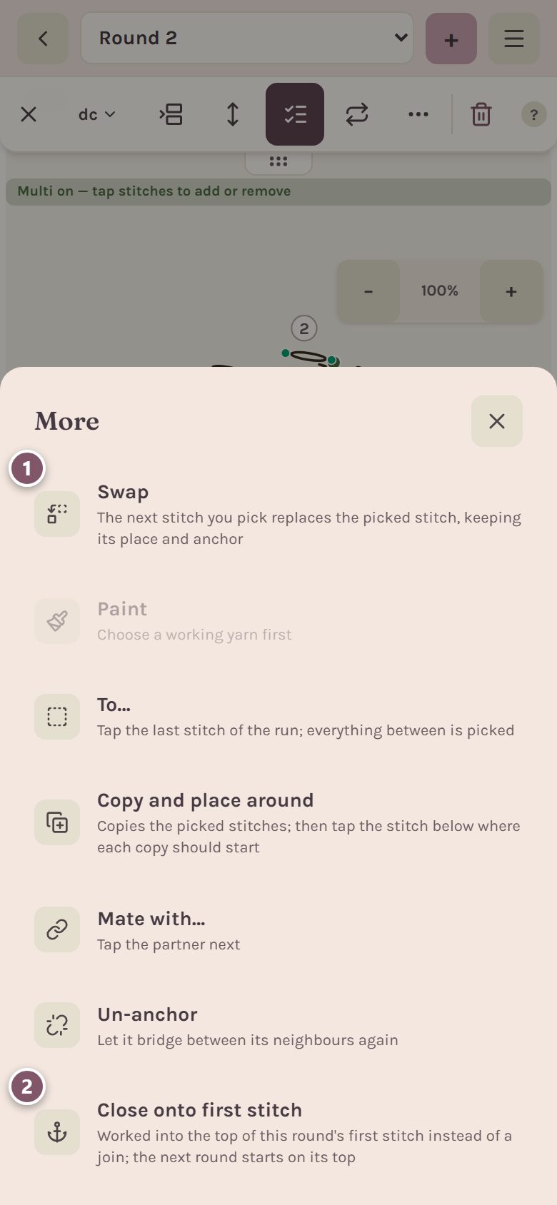The More sheet: 1 Swap, 2 Close onto first stitch (on a phone)