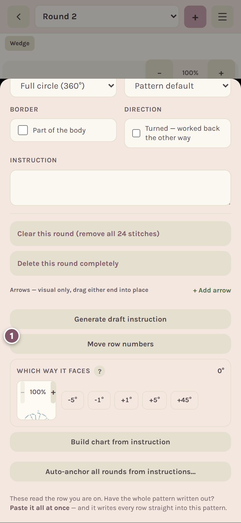 The Move row numbers button, marked 1 (on a phone)