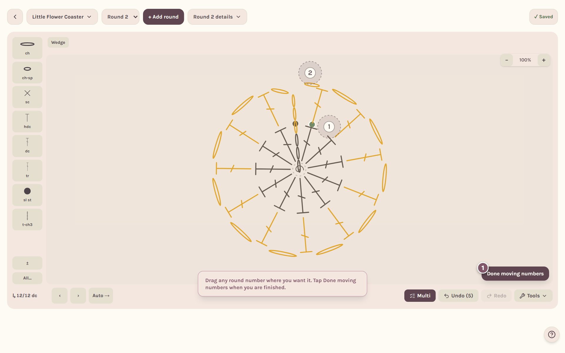 The round numbers ringed and ready to drag, with Done moving numbers marked 1 (on a computer)