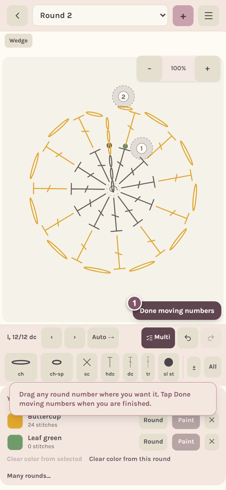 The round numbers ringed and ready to drag, with Done moving numbers marked 1 (on a phone)